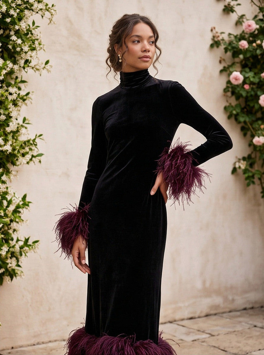 Velvet Long Sleeve Feather Midi Dress