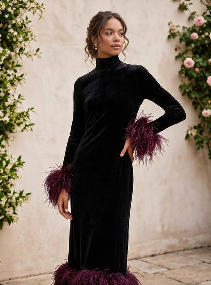Velvet Long Sleeve Feather Midi Dress