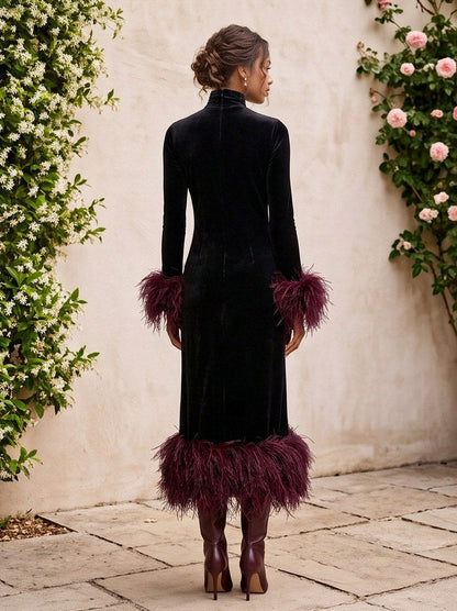 Velvet Long Sleeve Feather Midi Dress