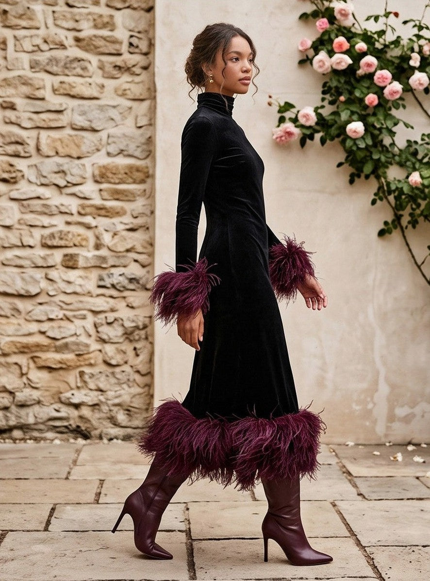 Velvet Long Sleeve Feather Midi Dress