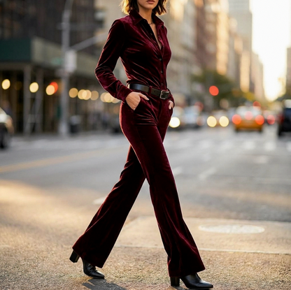 Velvet Button Front Top and Wide Leg Trousers Set