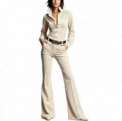 Velvet Button Front Top and Wide Leg Trousers Set