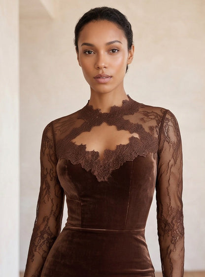 Velvet High Neck Lace Trim Long Sleeve Midi Dress