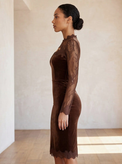 Velvet High Neck Lace Trim Long Sleeve Midi Dress