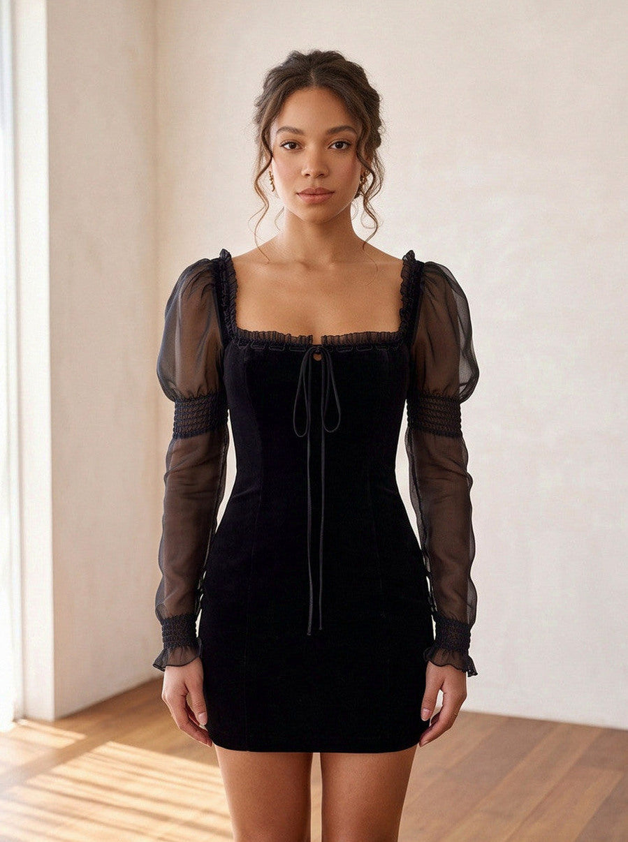 Velvet Square Neck Sheer Puff Sleeve Mini Dress