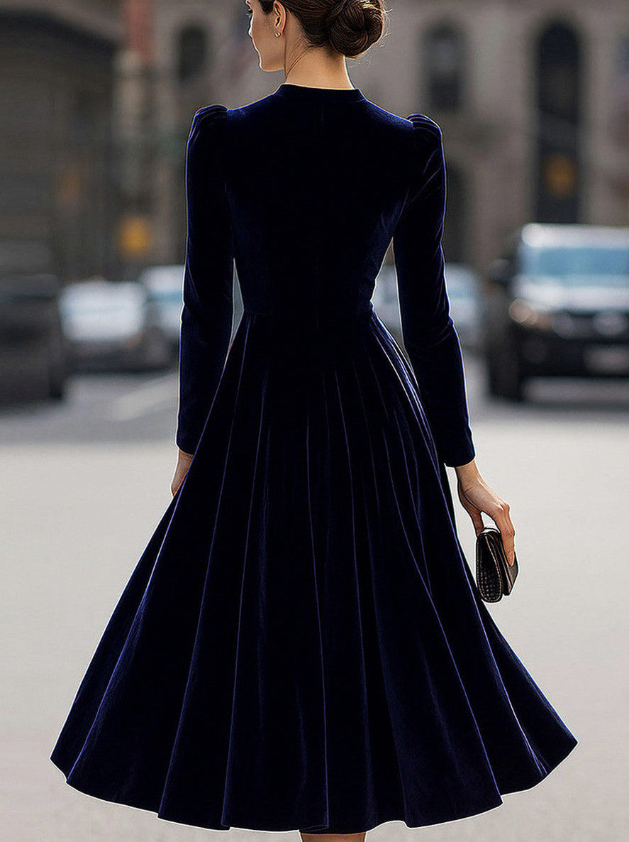 Velvet Long Sleeve Pleated Midi Dress