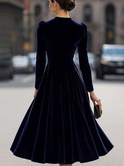 Velvet Long Sleeve Pleated Midi Dress