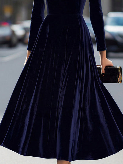 Velvet Long Sleeve Pleated Midi Dress