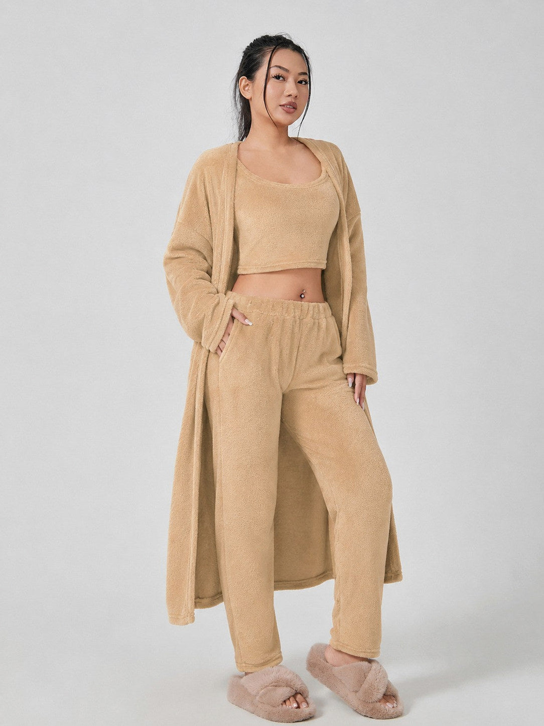 Fleece Long Sleeve Robe Three Piece Co Ord Set