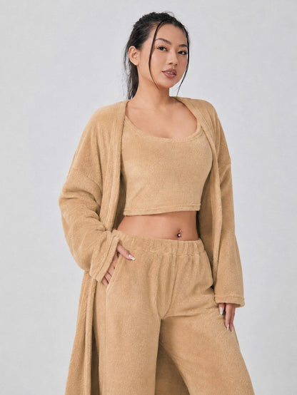 Fleece Long Sleeve Robe Three Piece Co Ord Set