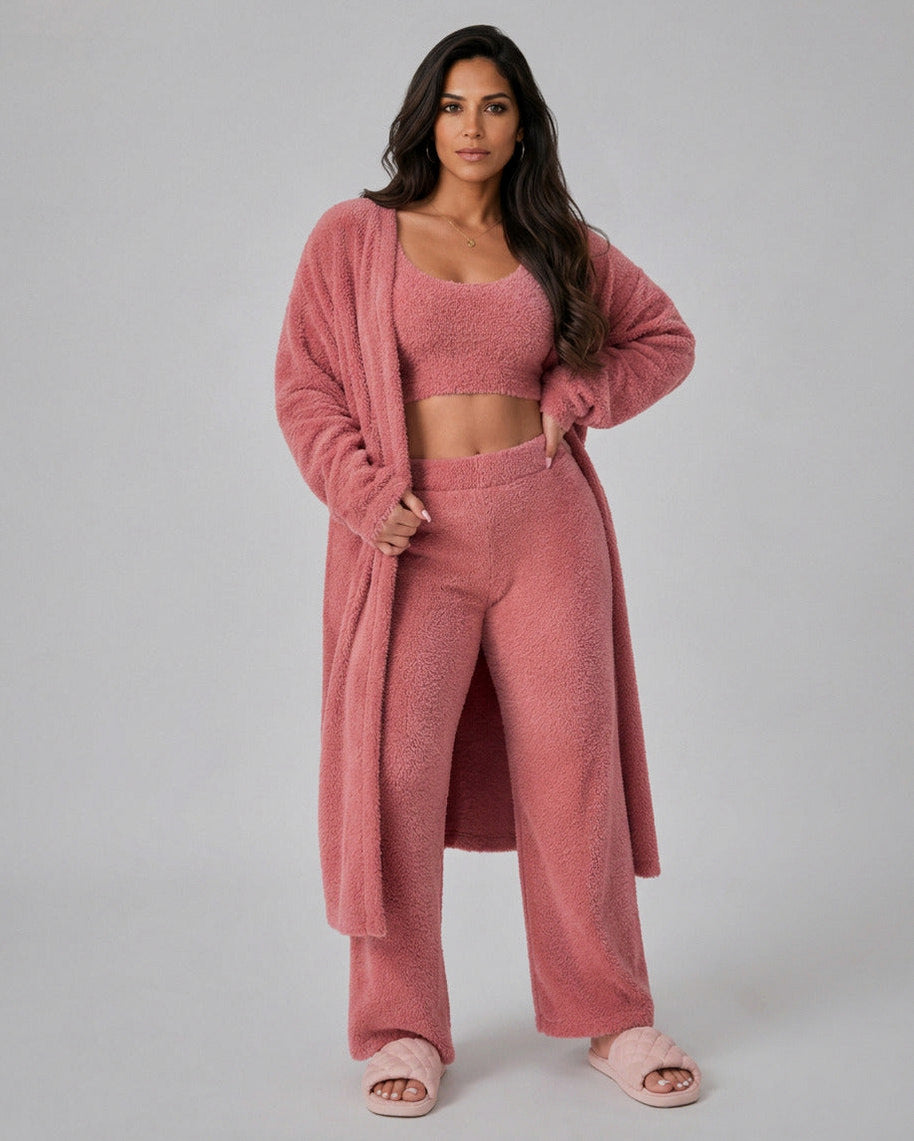 Fleece Long Sleeve Robe Three Piece Co Ord Set