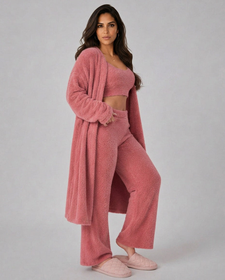 Fleece Long Sleeve Robe Three Piece Co Ord Set