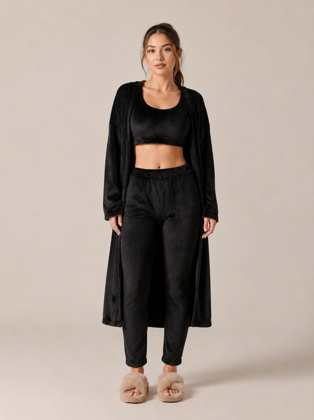 Fleece Long Sleeve Robe Three Piece Co Ord Set