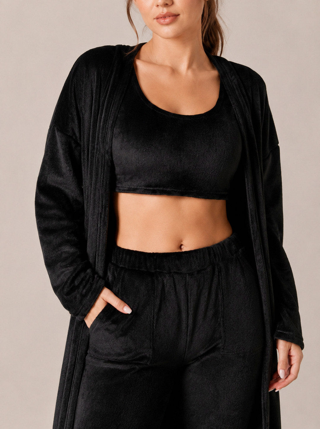 Fleece Long Sleeve Robe Three Piece Co Ord Set