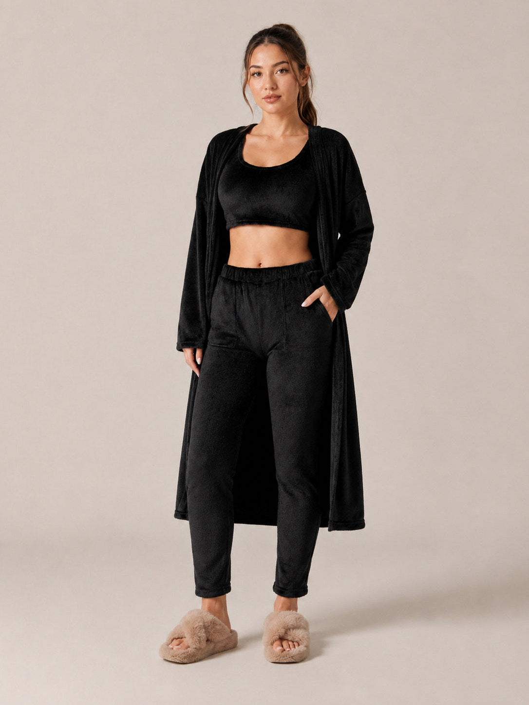 Fleece Long Sleeve Robe Three Piece Co Ord Set