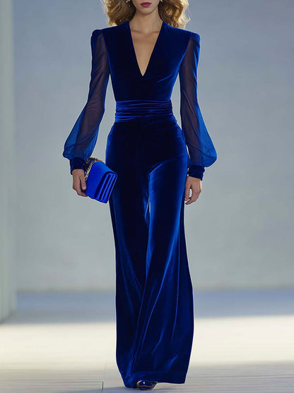 Velvet Long Sleeve Ruched Jumpsuit