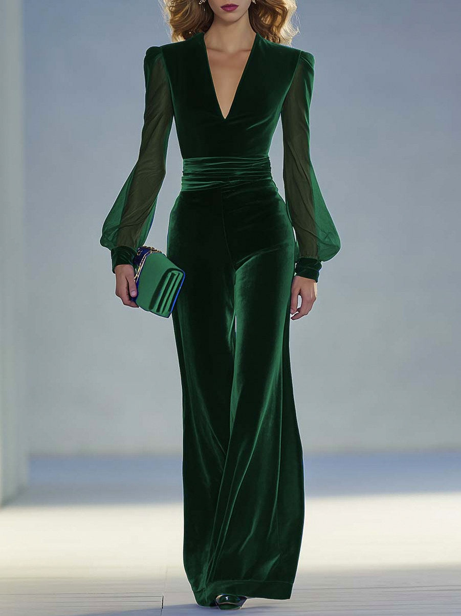 Velvet Long Sleeve Ruched Jumpsuit