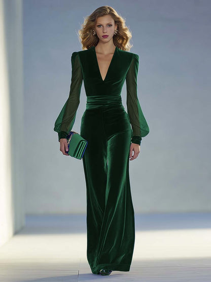 Velvet Long Sleeve Ruched Jumpsuit