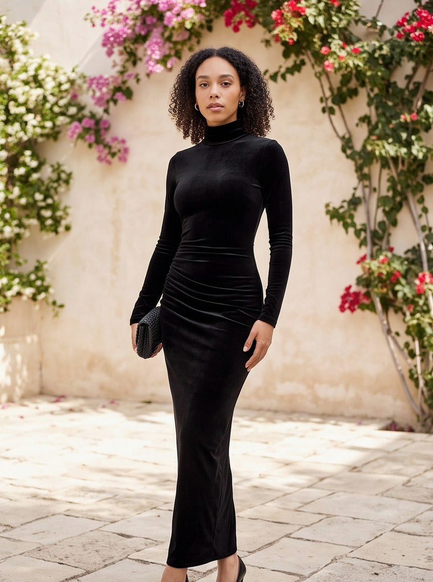 Velvet Long Sleeve Ruched Maxi Dress