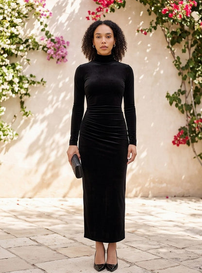 Velvet Long Sleeve Ruched Maxi Dress
