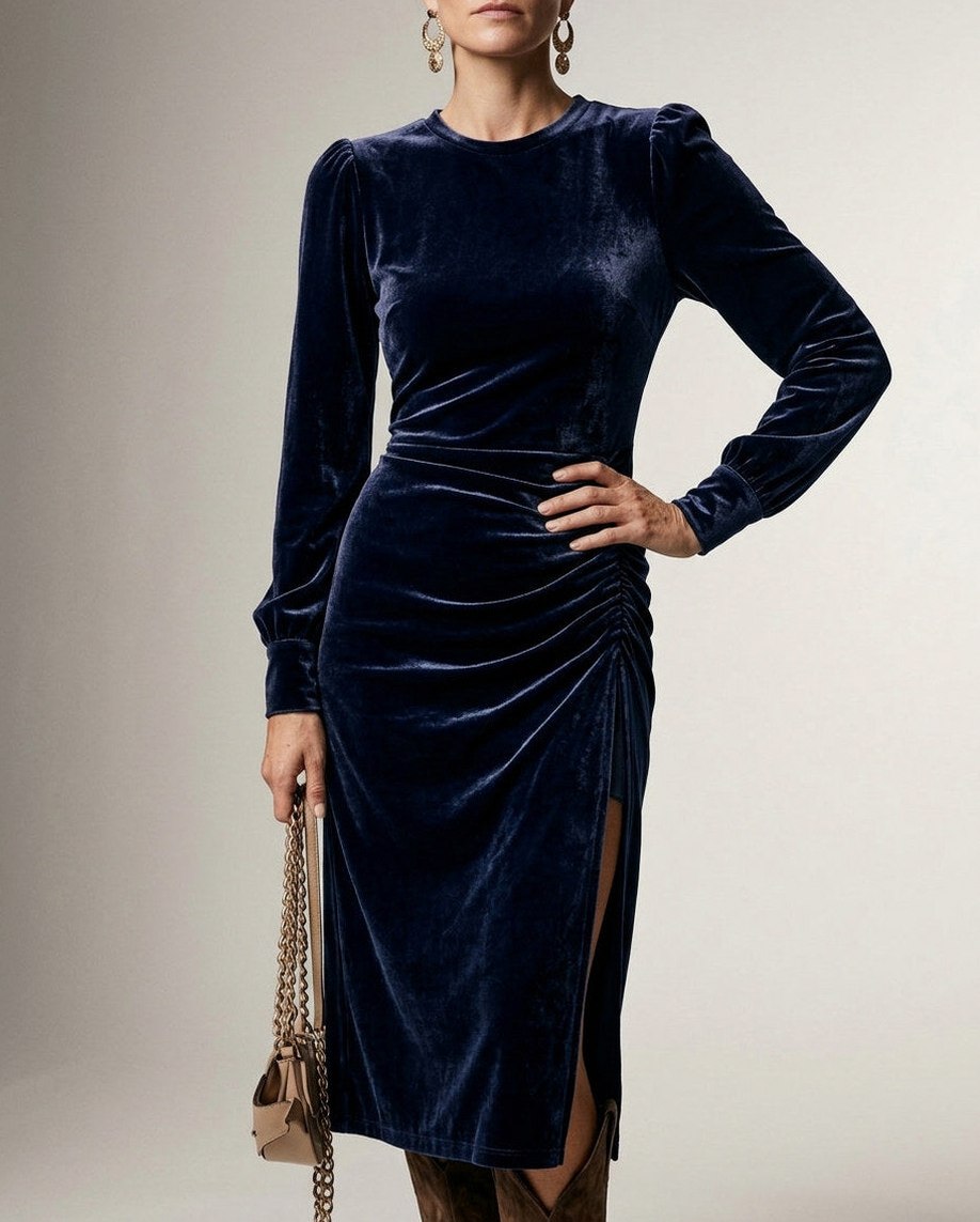 Velvet Long Sleeve Ruched Midi Dress