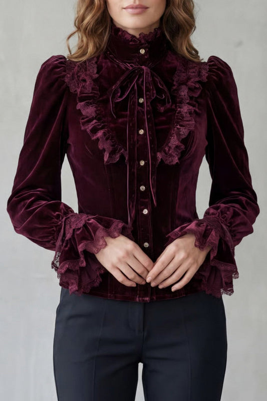 Velvet Lace Trim High Neck Long Sleeve Ruffle Blouse