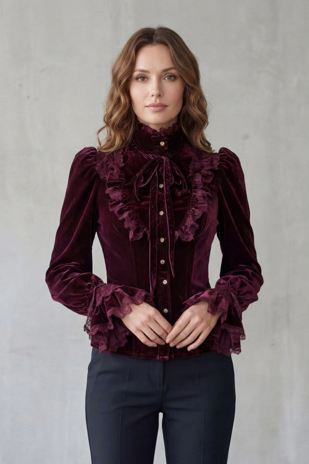 Velvet Lace Trim High Neck Long Sleeve Ruffle Blouse