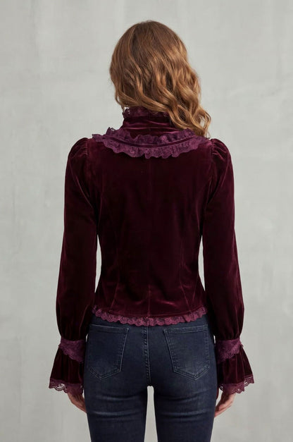 Velvet Lace Trim High Neck Long Sleeve Ruffle Blouse