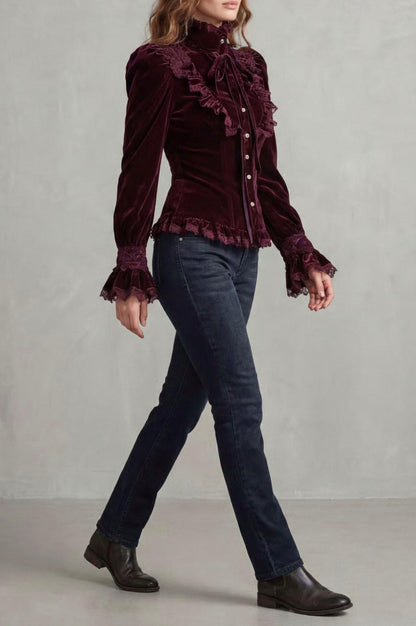 Velvet Lace Trim High Neck Long Sleeve Ruffle Blouse
