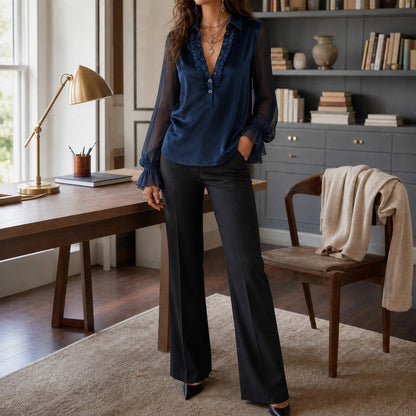 Velvet Sheer Long Sleeve Ruffle Blouse