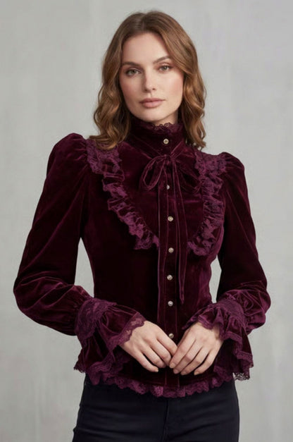 Velvet Lace Trim High Neck Long Sleeve Ruffle Blouse