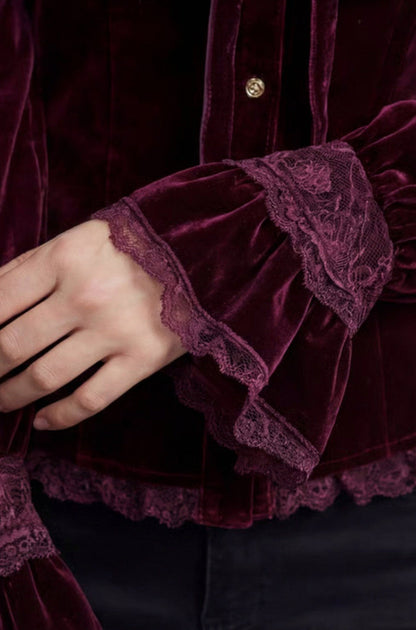 Velvet Lace Trim High Neck Long Sleeve Ruffle Blouse