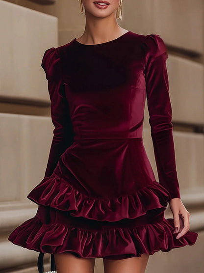 Velvet Long Sleeve Ruffle Mini Dress