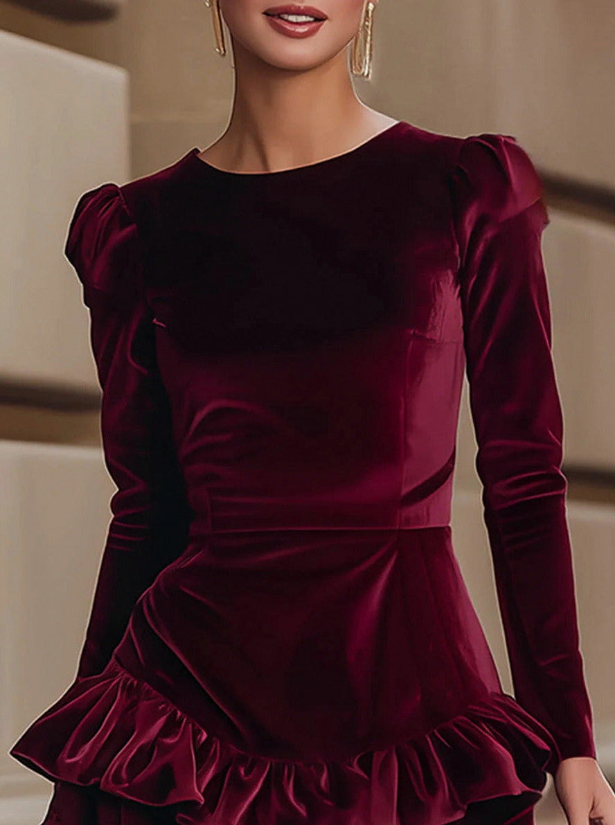 Velvet Long Sleeve Ruffle Mini Dress