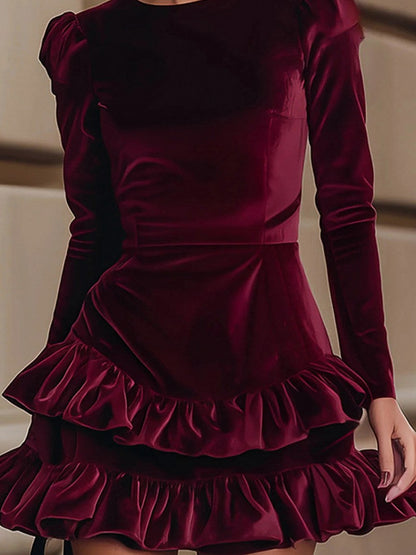 Velvet Long Sleeve Ruffle Mini Dress