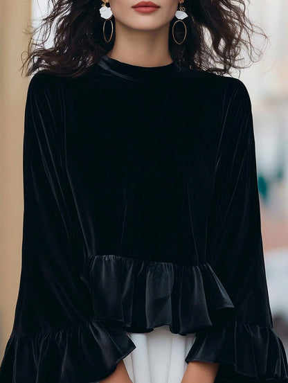 Velvet Long Sleeve Ruffle Peplum Top