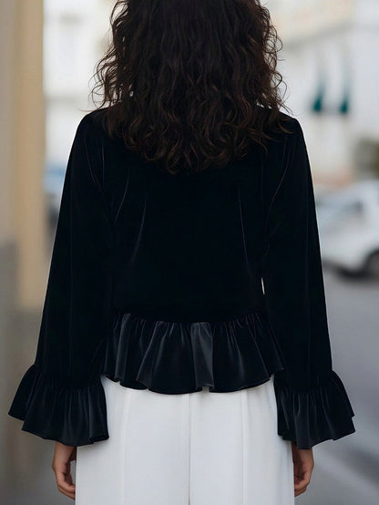 Velvet Long Sleeve Ruffle Peplum Top