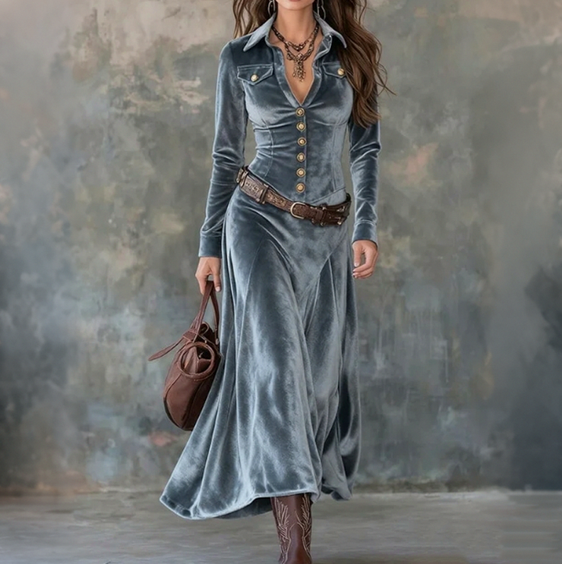 Velvet Long Sleeve Shirt Dress