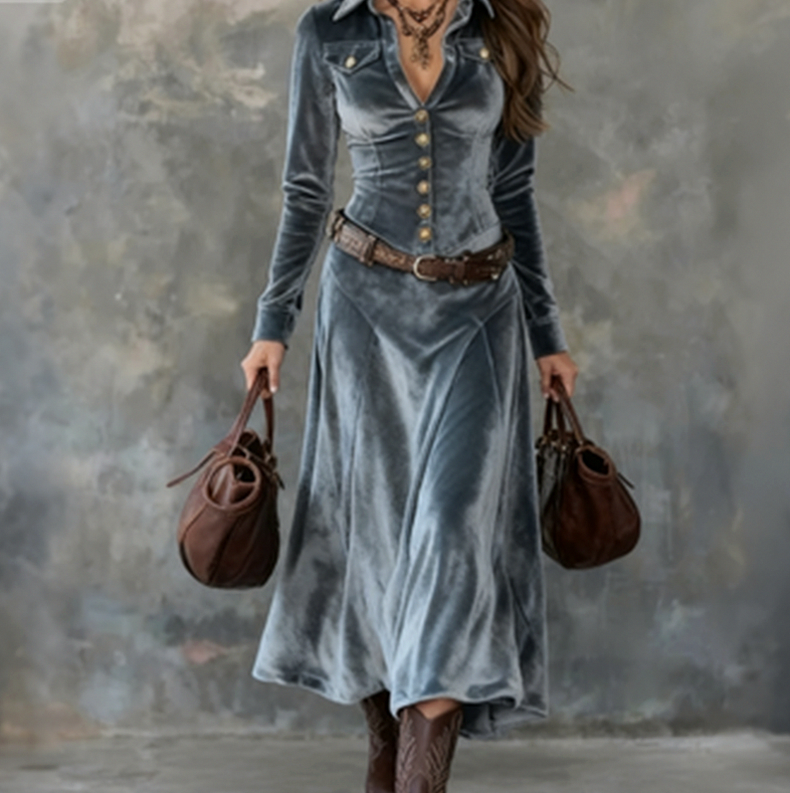 Velvet Long Sleeve Shirt Dress