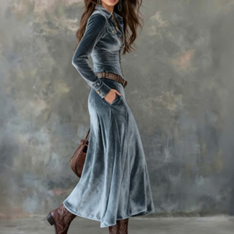Velvet Long Sleeve Shirt Dress