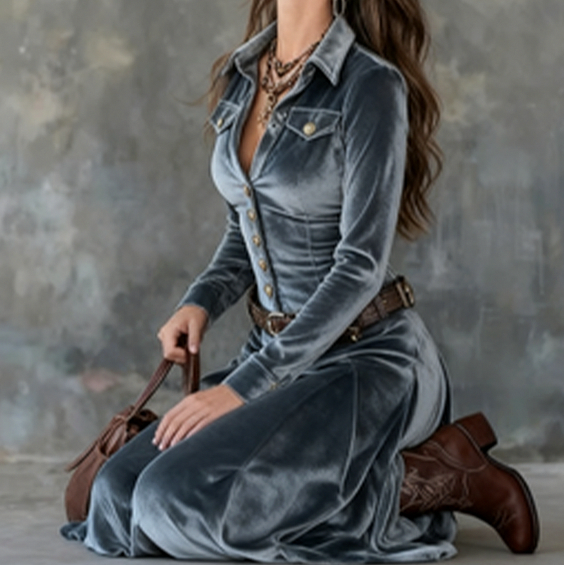 Velvet Long Sleeve Shirt Dress
