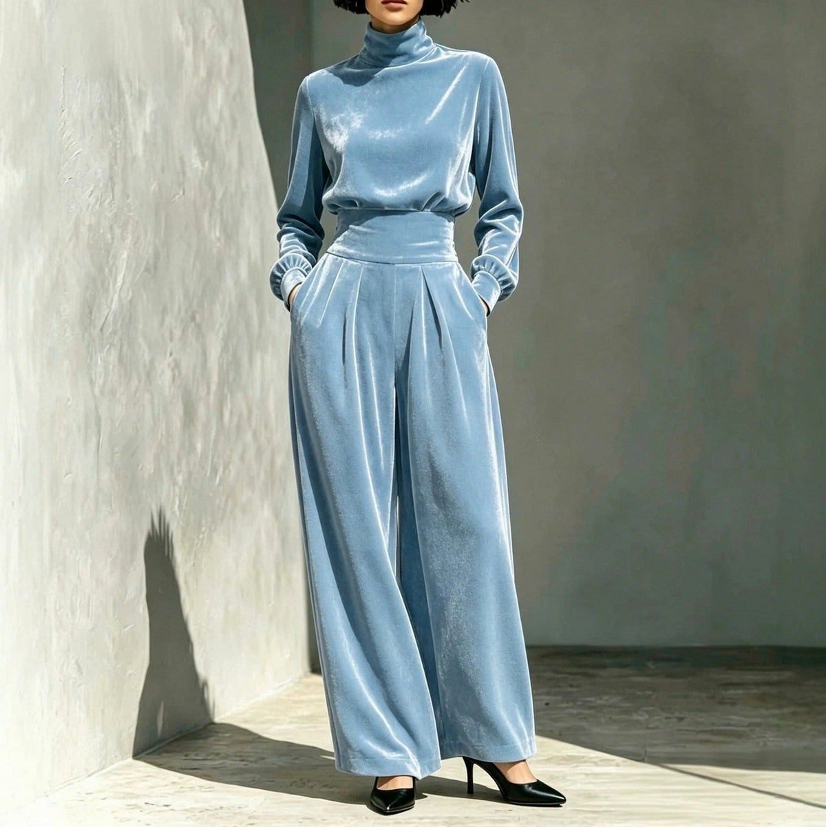 Velvet Turtleneck Top and Wide Leg Trousers Set