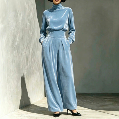 Velvet Turtleneck Top and Wide Leg Trousers Set