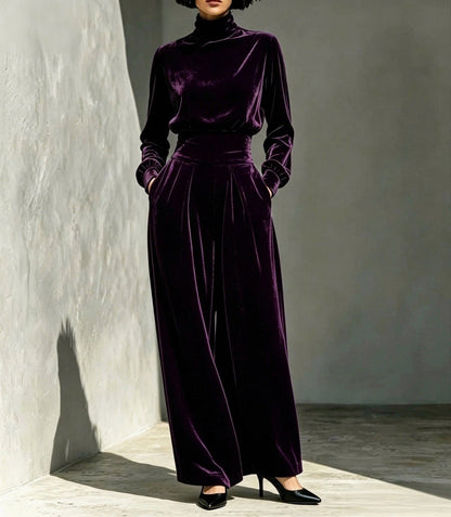 Velvet Turtleneck Top and Wide Leg Trousers Set