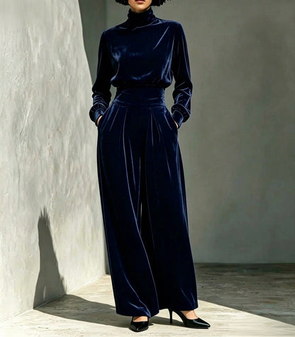 Velvet Turtleneck Top and Wide Leg Trousers Set