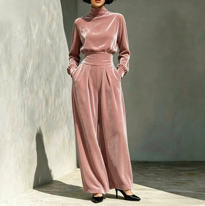 Velvet Turtleneck Top and Wide Leg Trousers Set