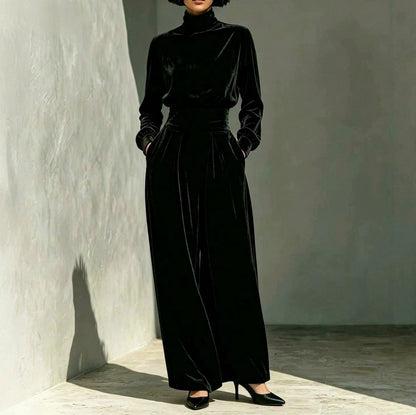 Velvet Turtleneck Top and Wide Leg Trousers Set