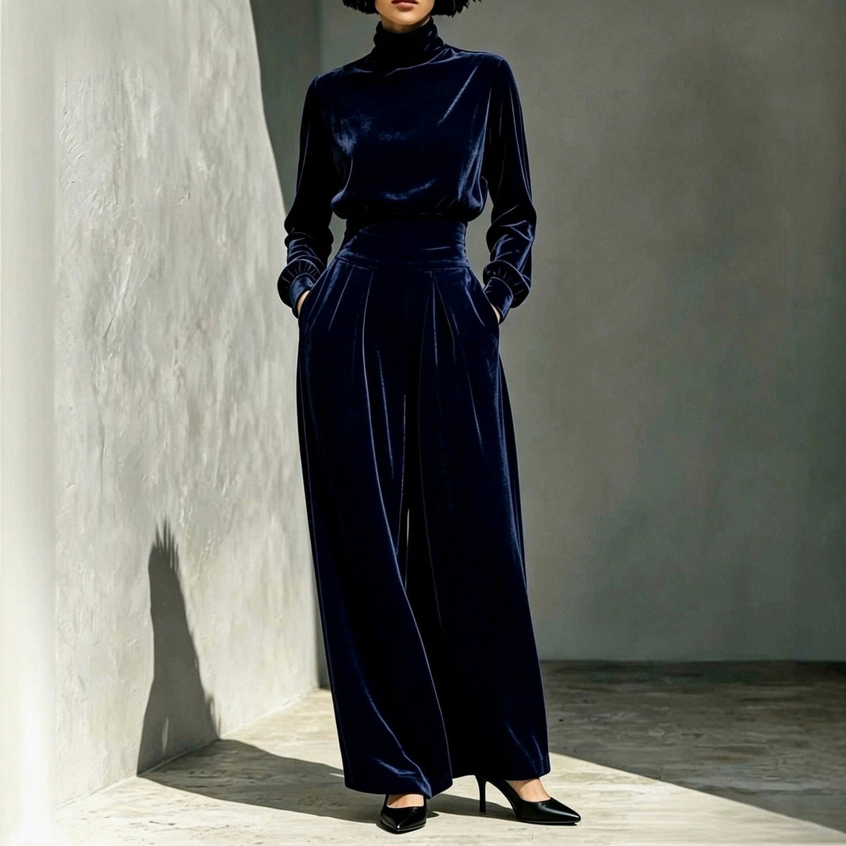 Velvet Turtleneck Top and Wide Leg Trousers Set