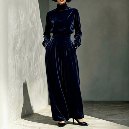 Velvet Turtleneck Top and Wide Leg Trousers Set