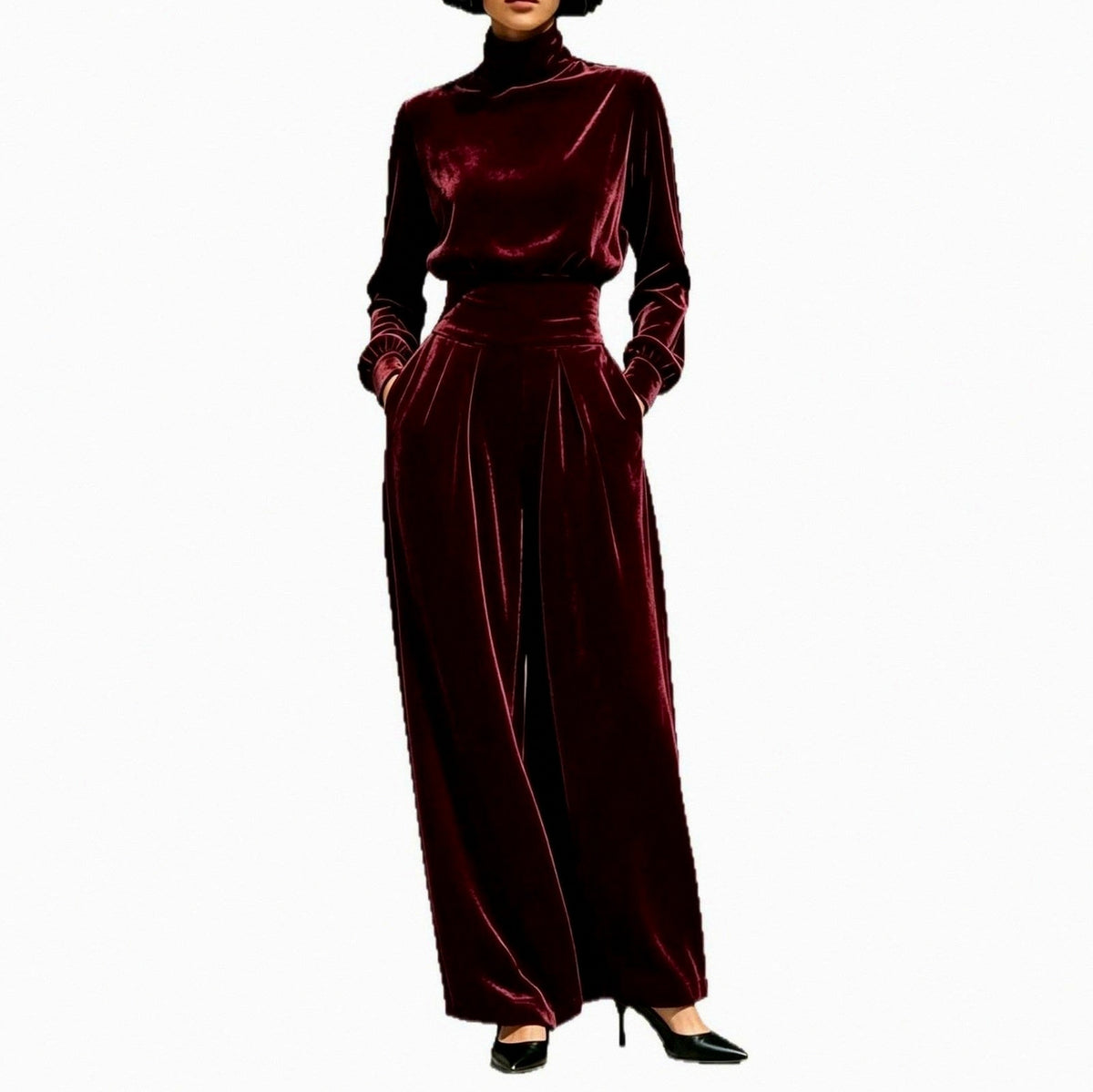 Velvet Turtleneck Top and Wide Leg Trousers Set